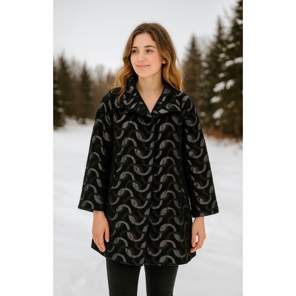 DESIGUAL Black Silver Jacquard Coat Pockets Embellished Buttons Chic 44 / Large - Picture 1 of 12